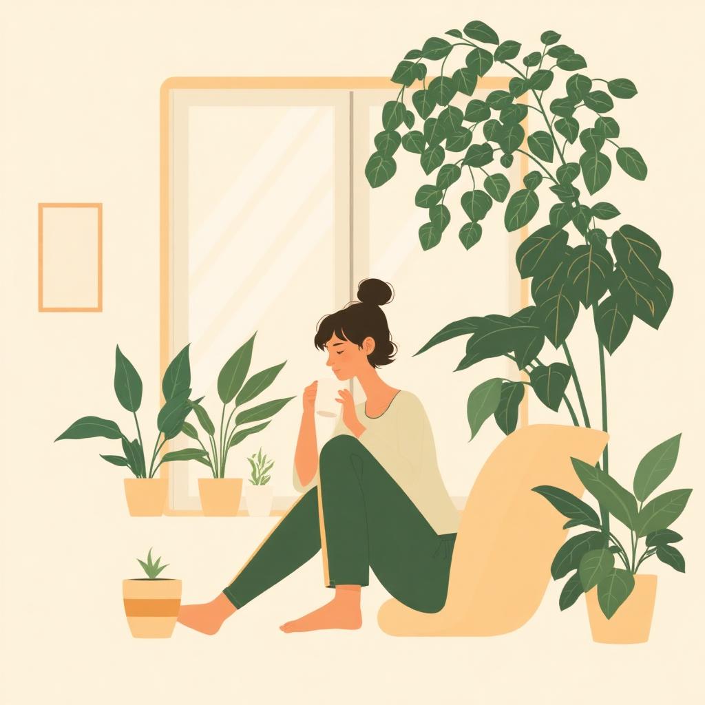 Warm illustration of a peaceful morning routine with coffee and sunlight